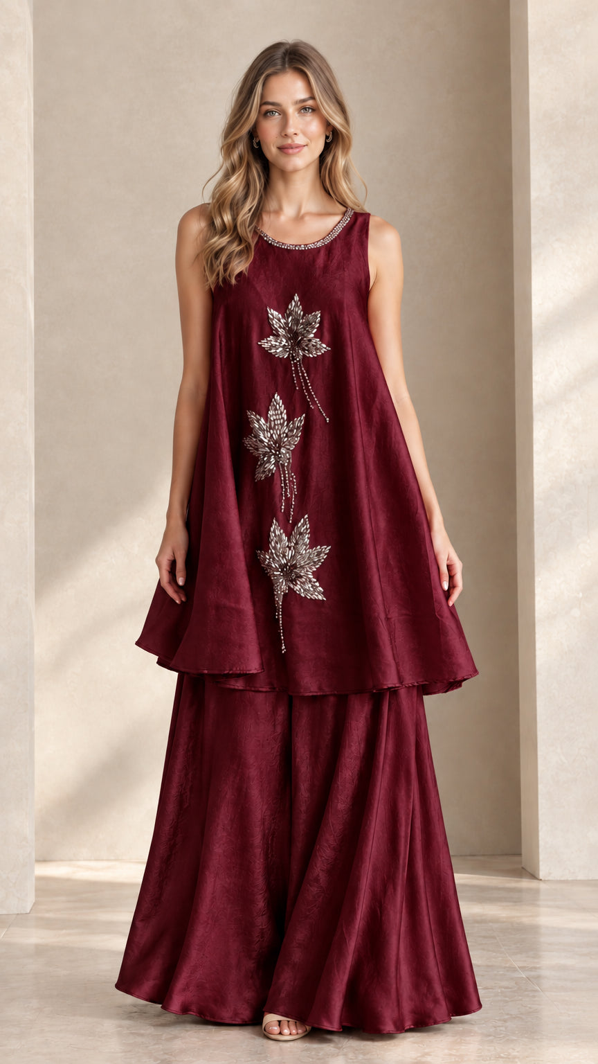 Front view of burgundy sleeveless beaded tunic and palazzo pant set