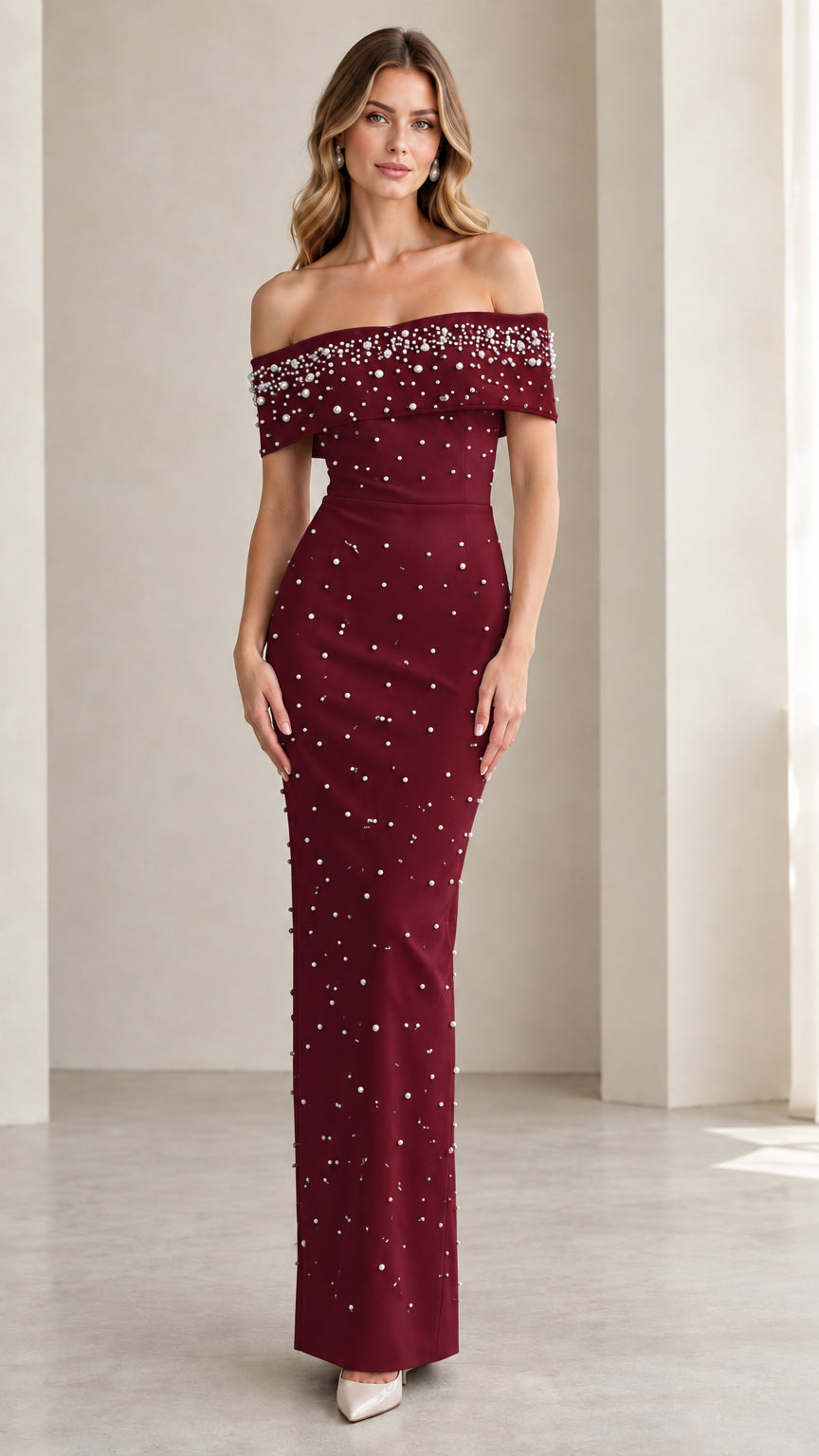 Full-length view of Burgundy pearl embellished off-the-shoulder column maxi dress