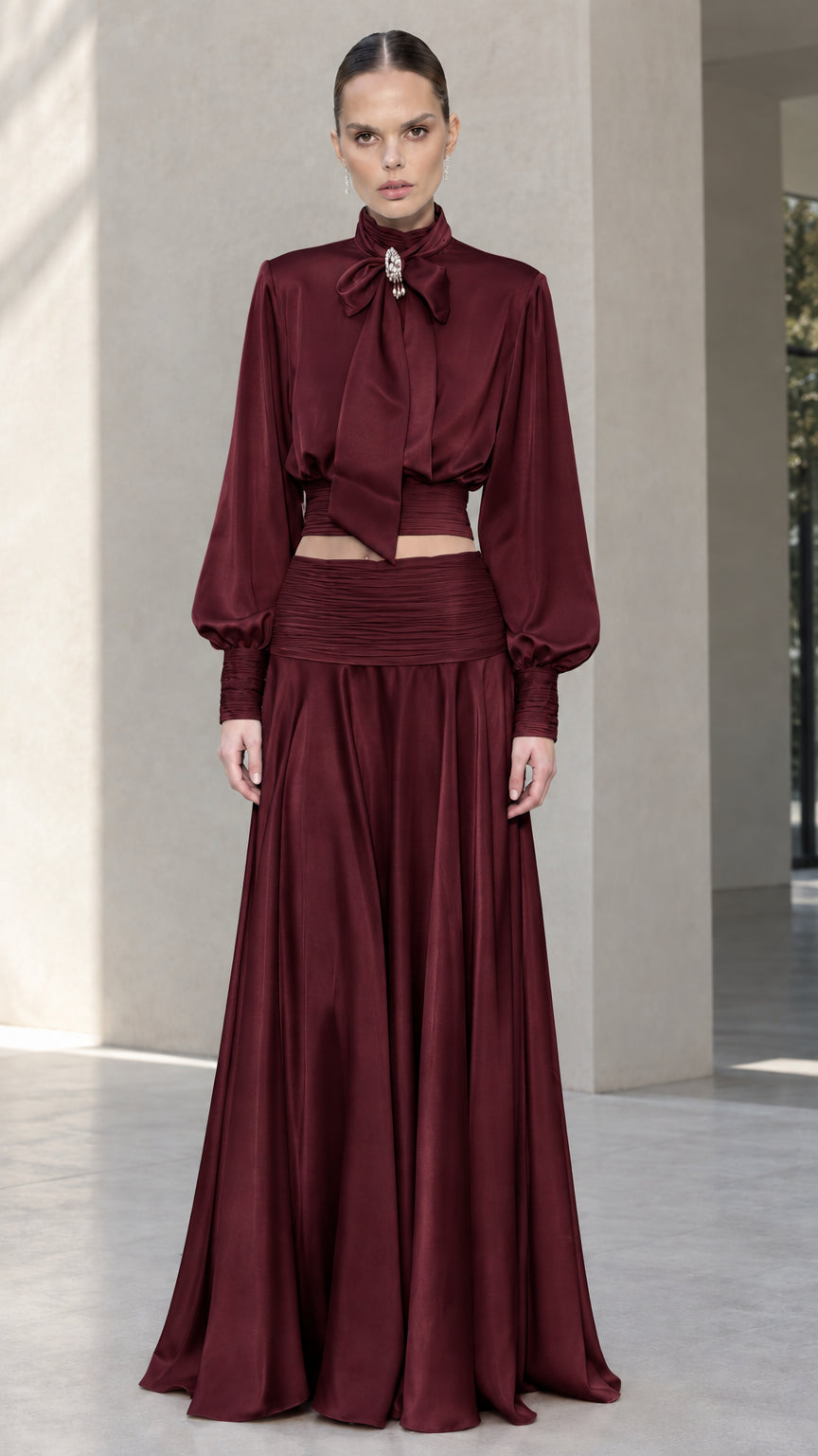 Full-length front view of burgundy wine satin bow tie blouse and maxi skirt set