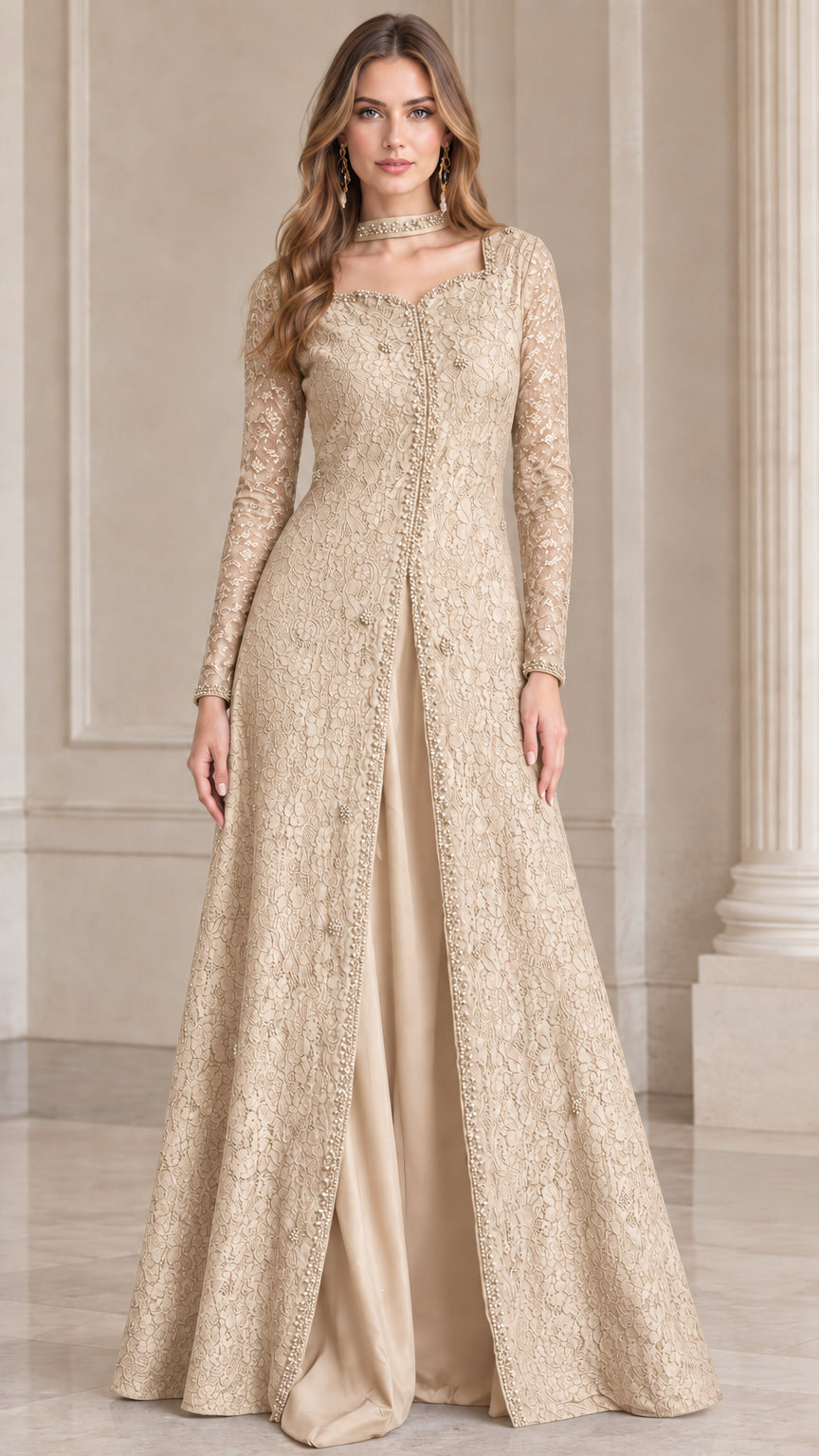 Champagne gold beaded floral lace long sleeve evening gown
