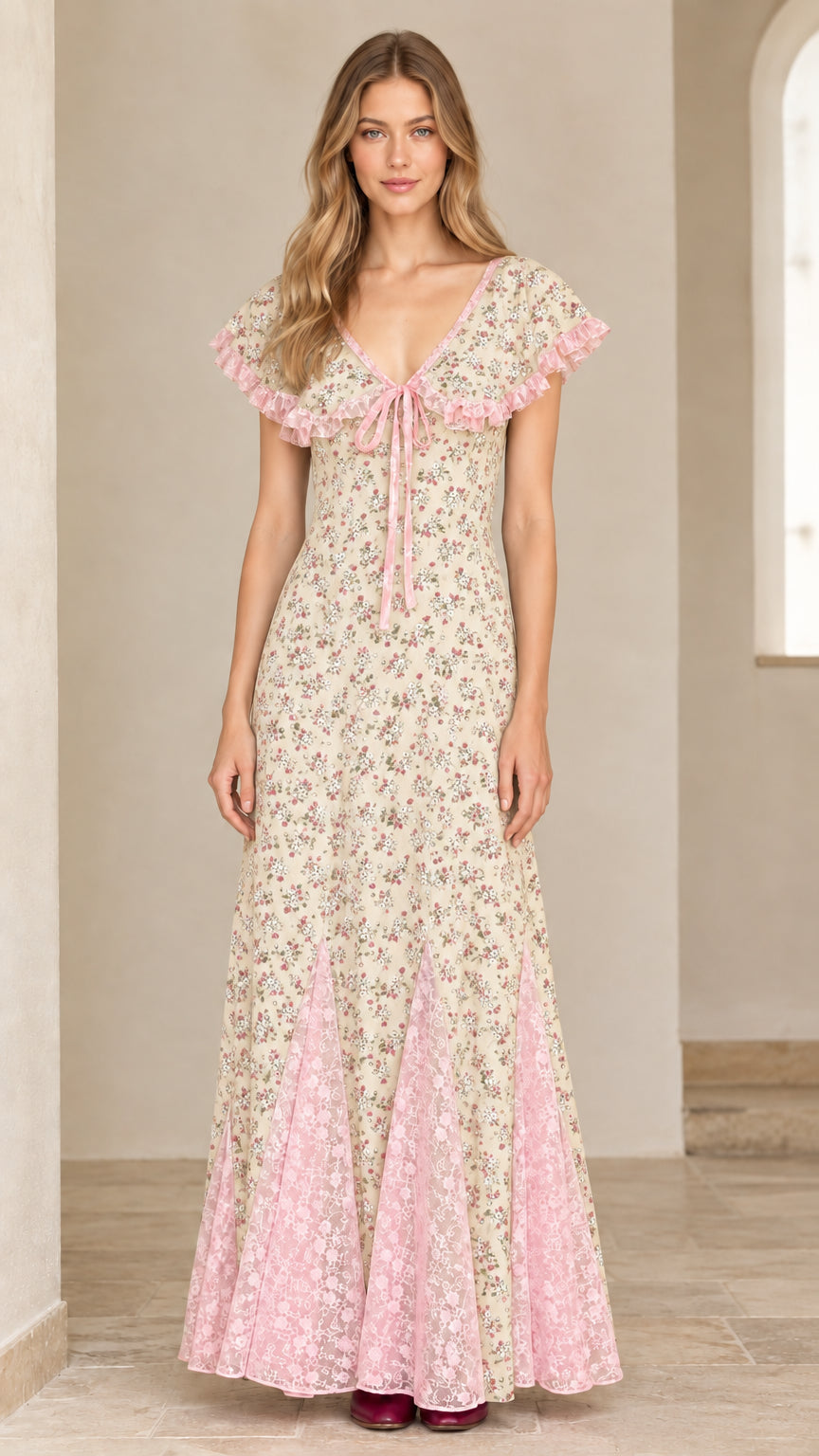 Cream floral maxi dress with pink lace neckline and flared godet hem