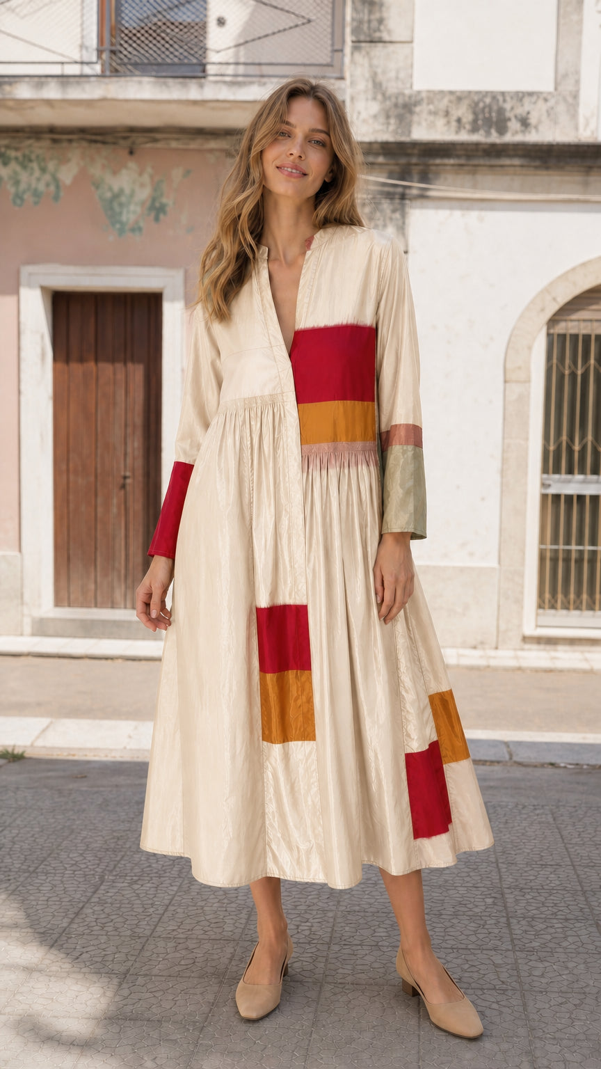 Woman wearing beige boho colorblock midi dress