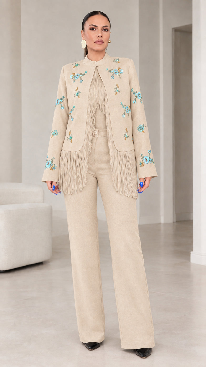 Beige champagne floral embroidered fringe blazer and matching tailored trousers set