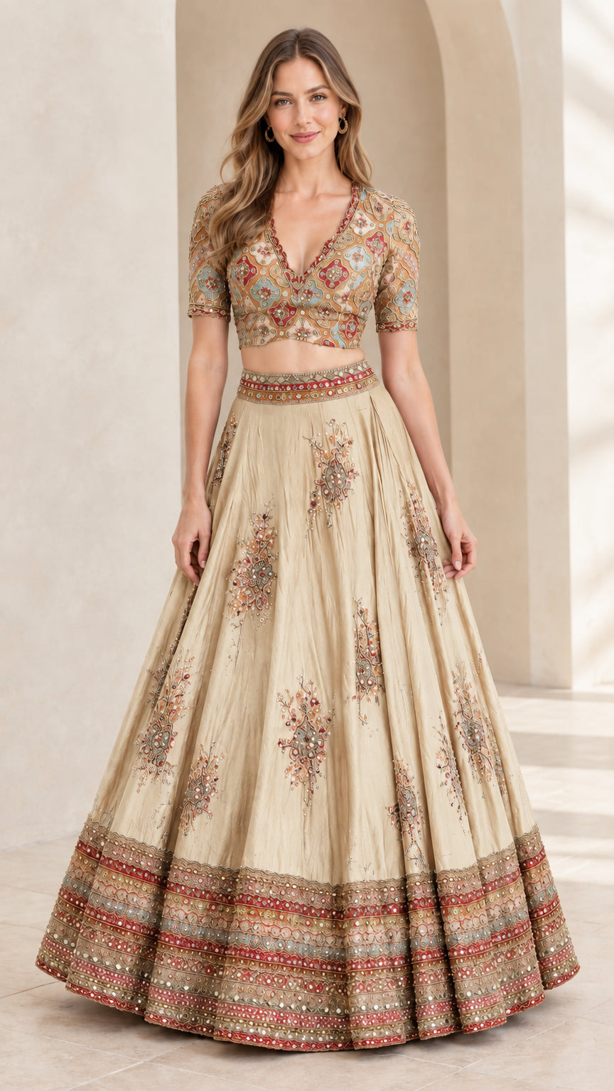 Woman wearing Champagne Gold embroidered crop top and pleated maxi skirt set