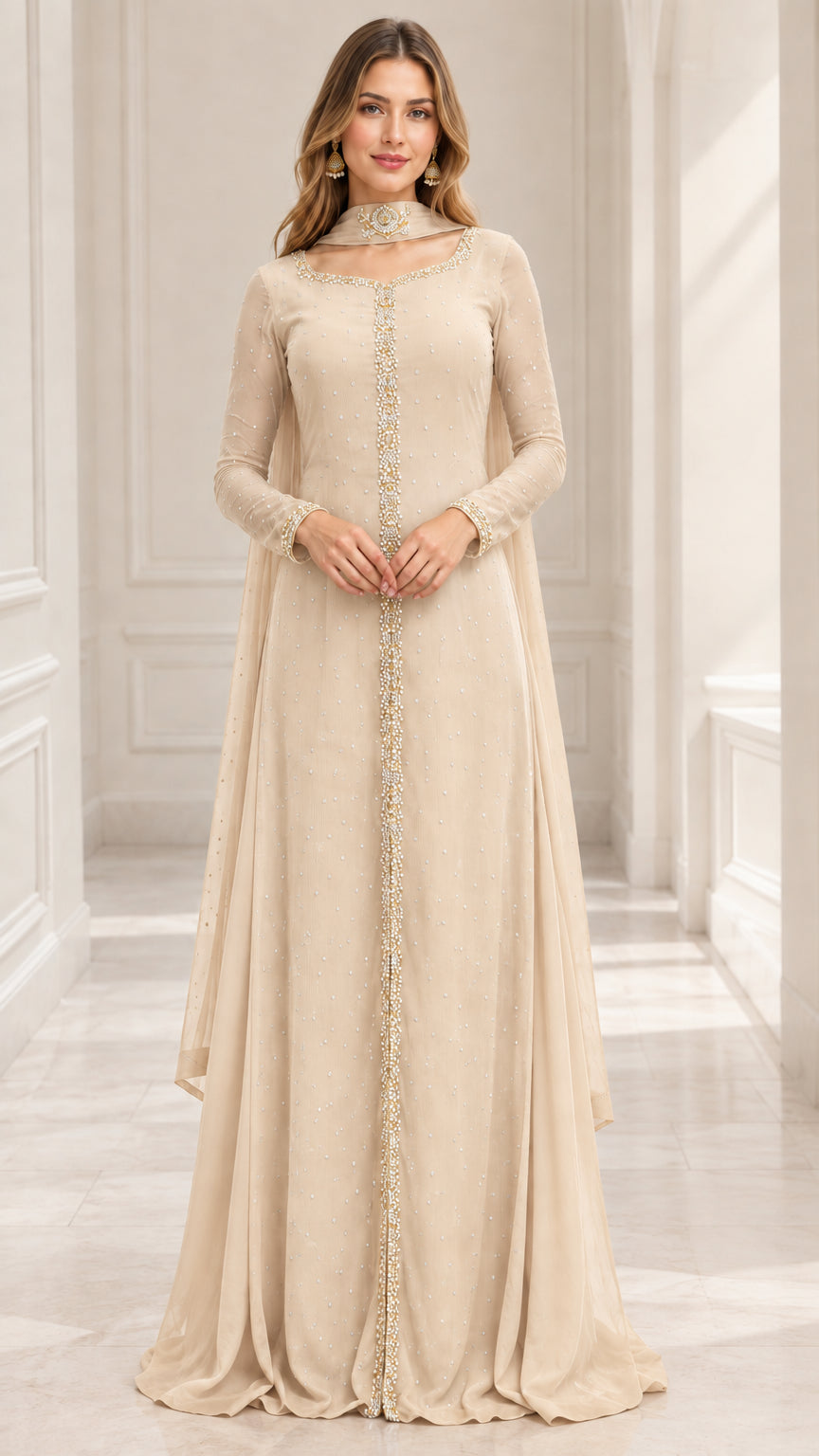 Model wearing champagne beige long sleeve embellished cape maxi gown