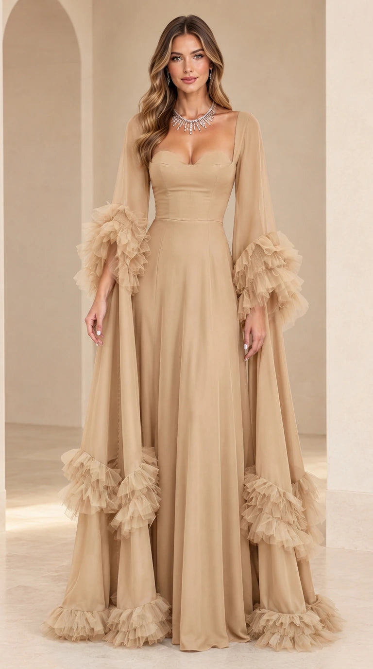 Champagne beige sweetheart A-line formal gown with tiered tulle ruffle trim