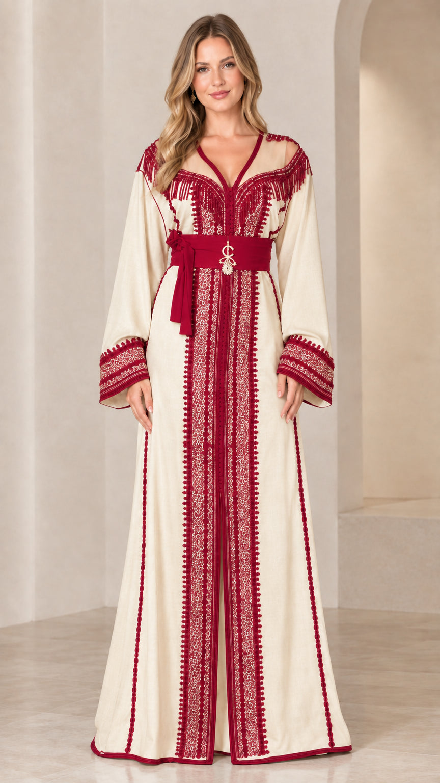 Model wearing cream caftan dress with rich burgundy embroidery and matching belt