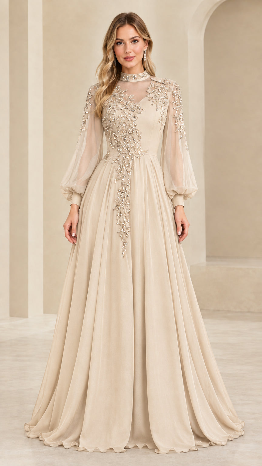 Full front view of champagne beige long sleeve sequin illusion formal gown