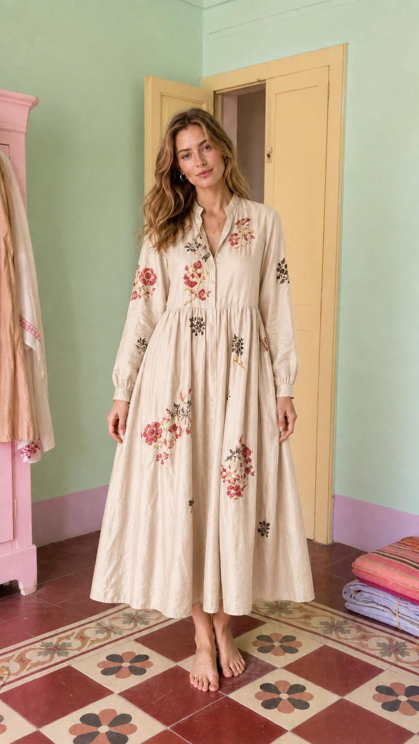 Front view of model wearing beige embroidered midi dress