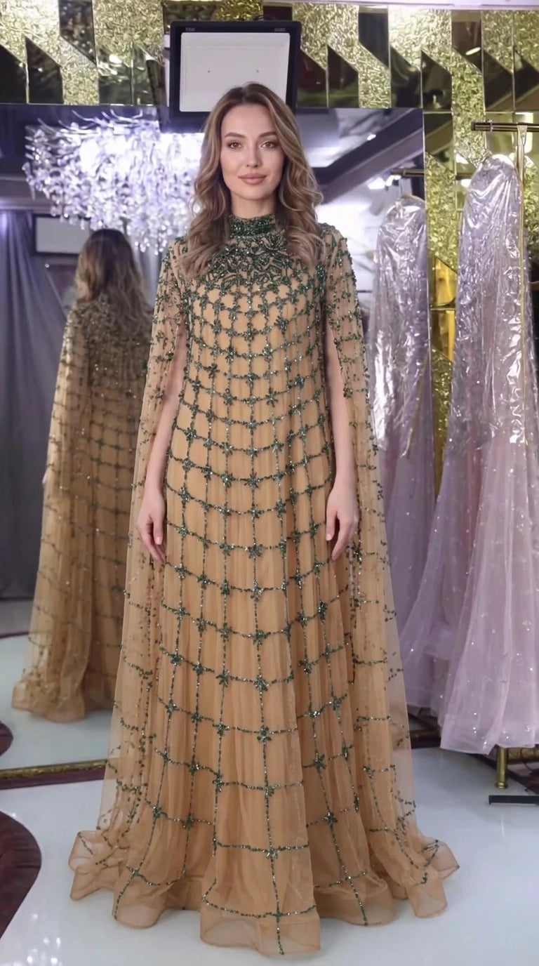 Champagne gold crystal beaded cape sleeve formal dress