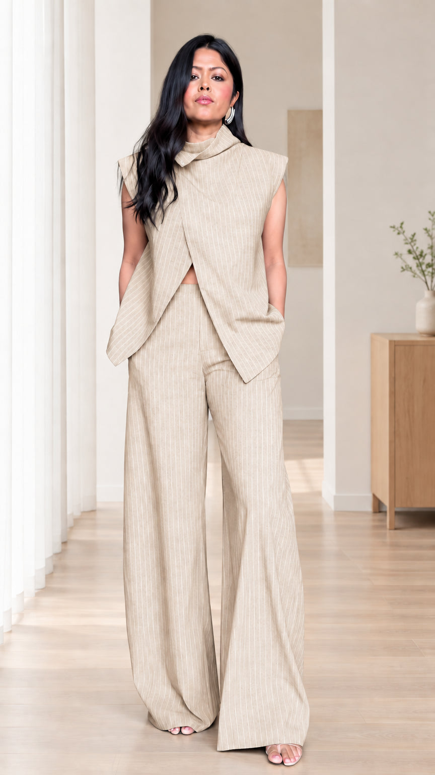 Beige pinstripe sleeveless wrap-style top and wide-leg trousers set