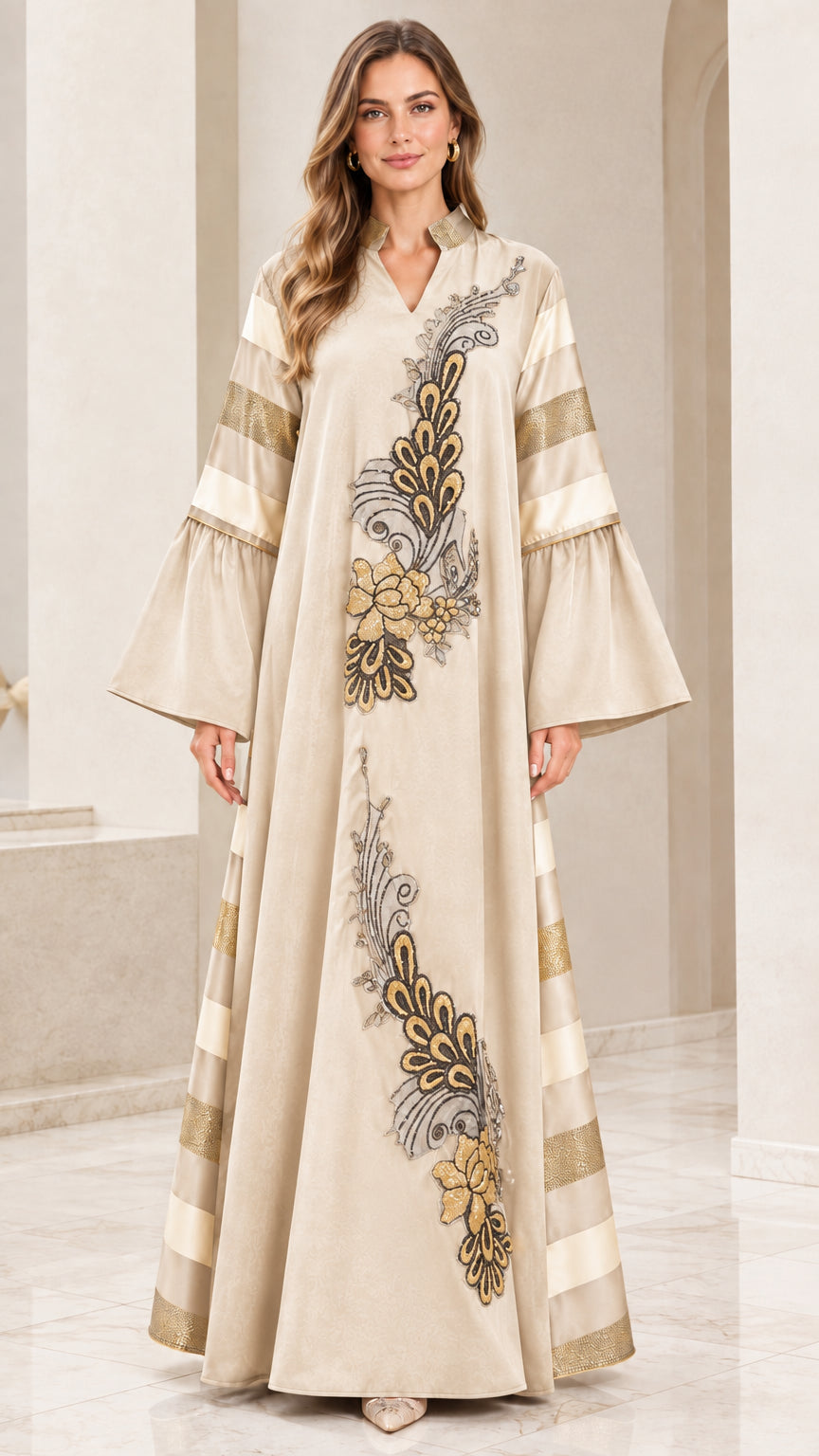 Full-length front view of champagne beige modest embroidered maxi dress
