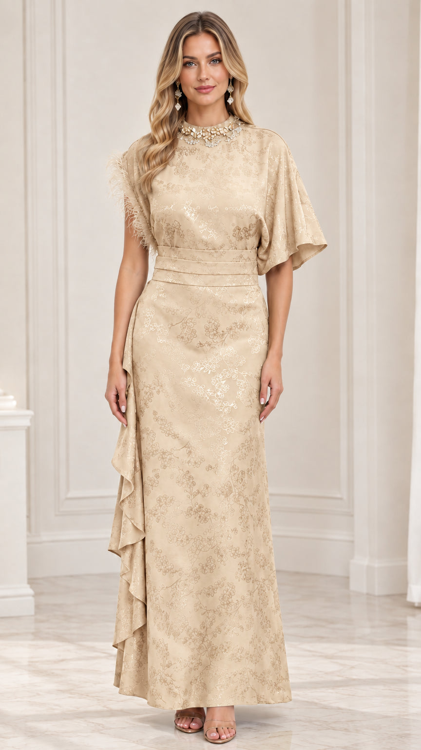 Champagne gold embellished high-neck jacquard maxi dress front view