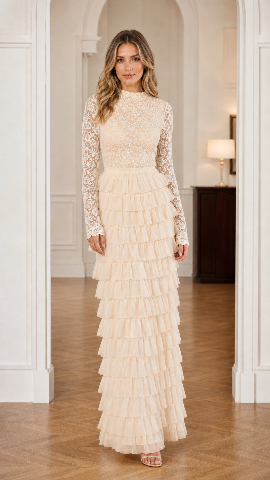 Champagne cream lace long sleeve tiered ruffle maxi dress