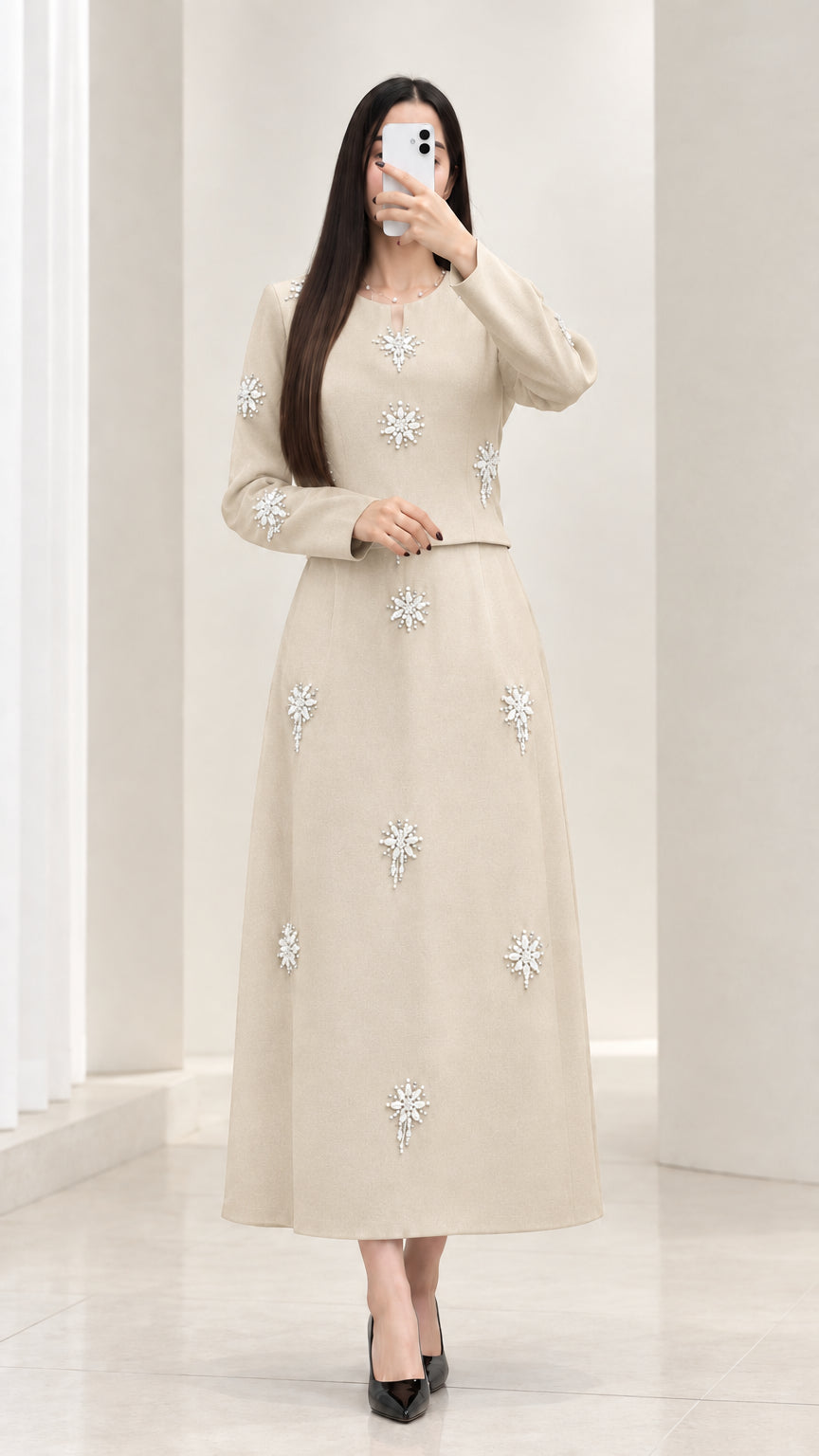 Beige champagne embellished long sleeve top and maxi skirt set