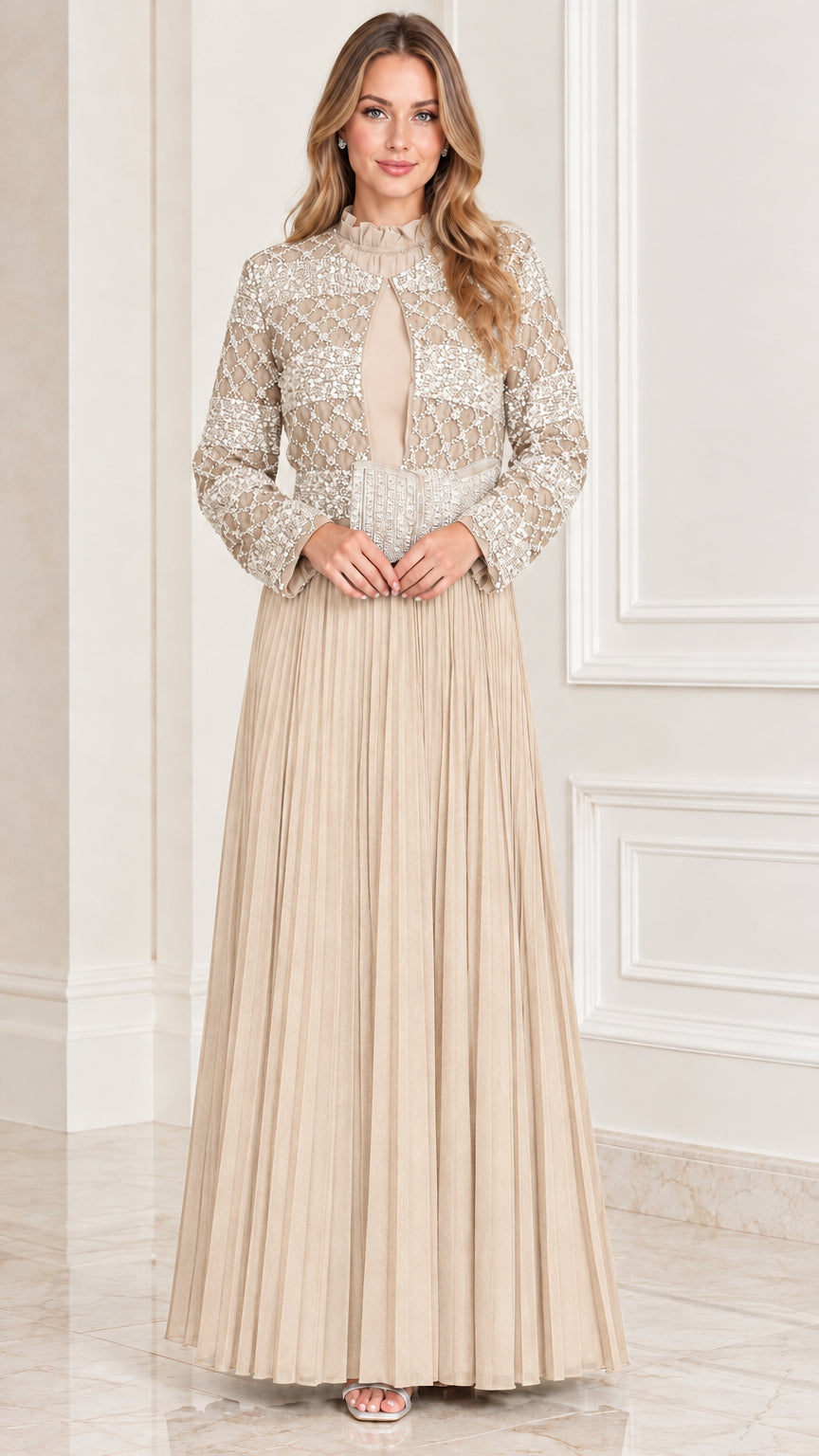 Champagne beige sequined jacket overlay pleated maxi evening gown