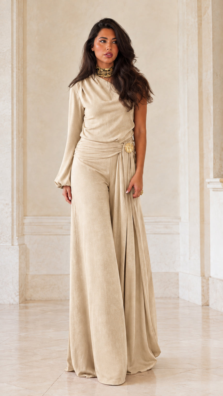 Full-length studio shot of beige champagne one-shoulder wide-leg evening jumpsuit