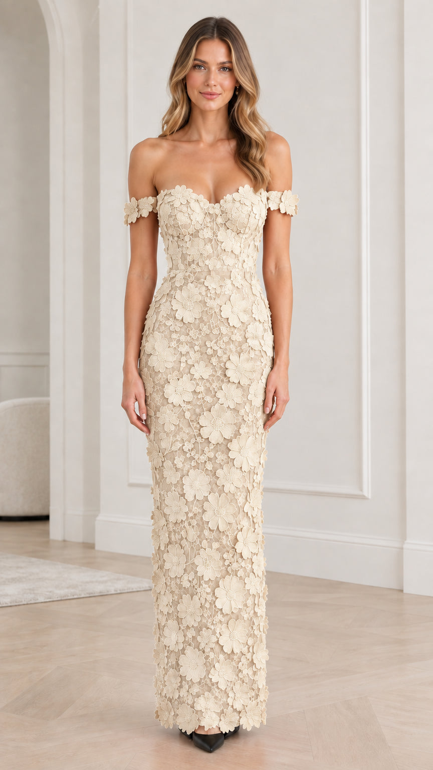 Champagne off-the-shoulder 3D floral lace formal gown