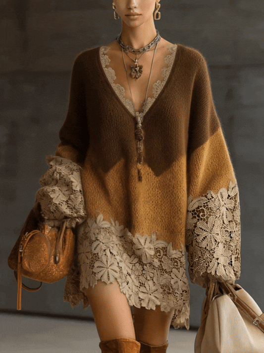 24-Hour-Shipping Brown Ombre Knit Lace Oversized Long Sleeve Mini Dress