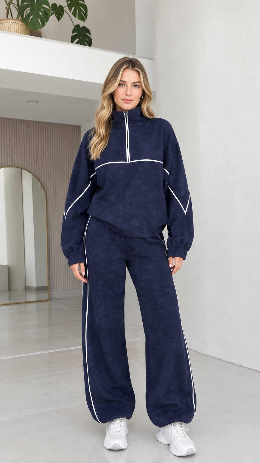 Navy blue women's two-piece fleece tracksuit set front view
