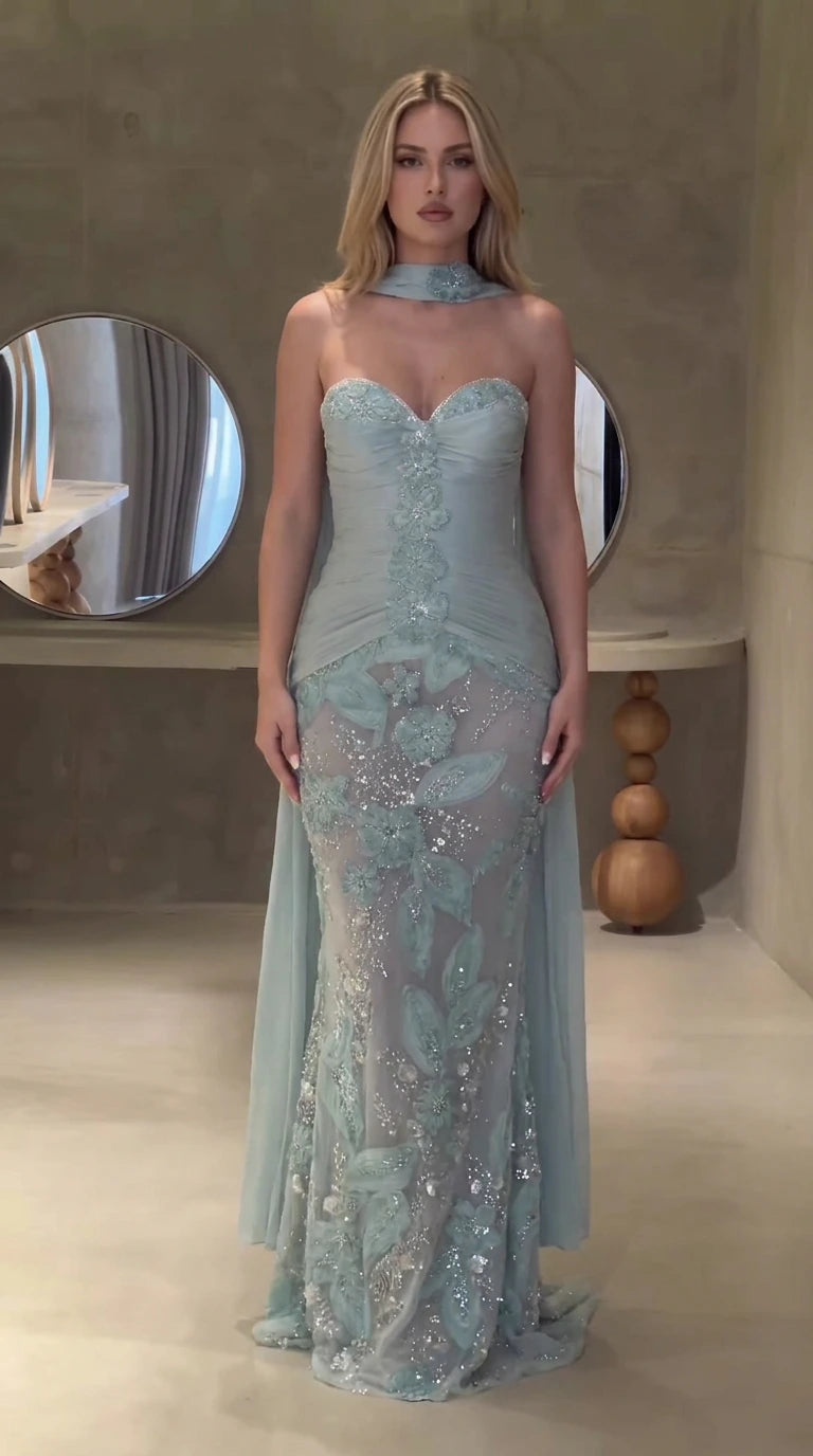 Dusty blue strapless sweetheart mermaid evening gown with floral beading and choker cape - front view