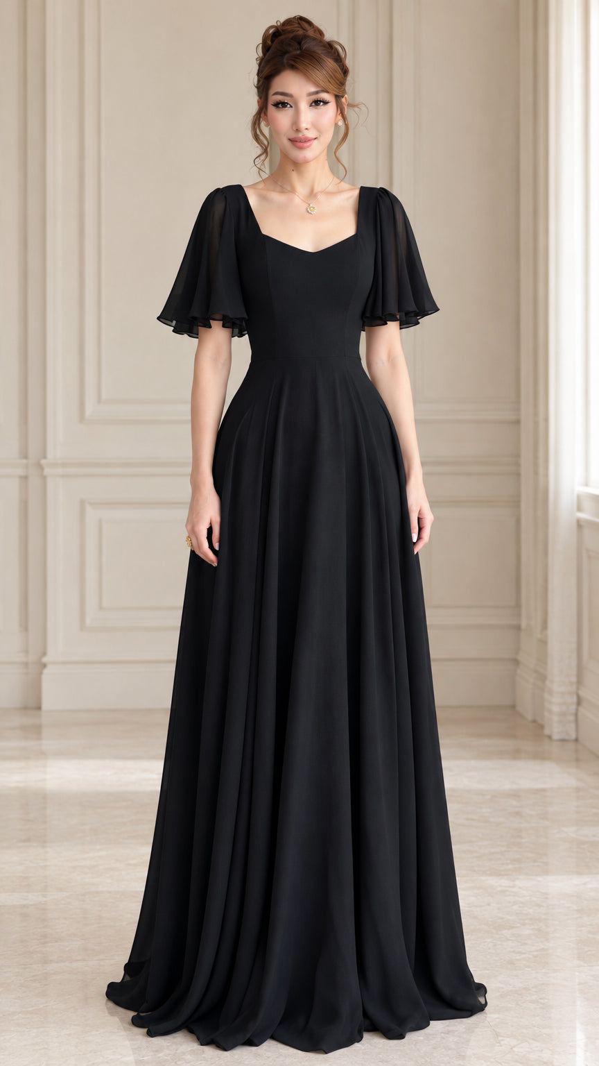 Front view of black sweetheart flutter sleeve chiffon maxi dress