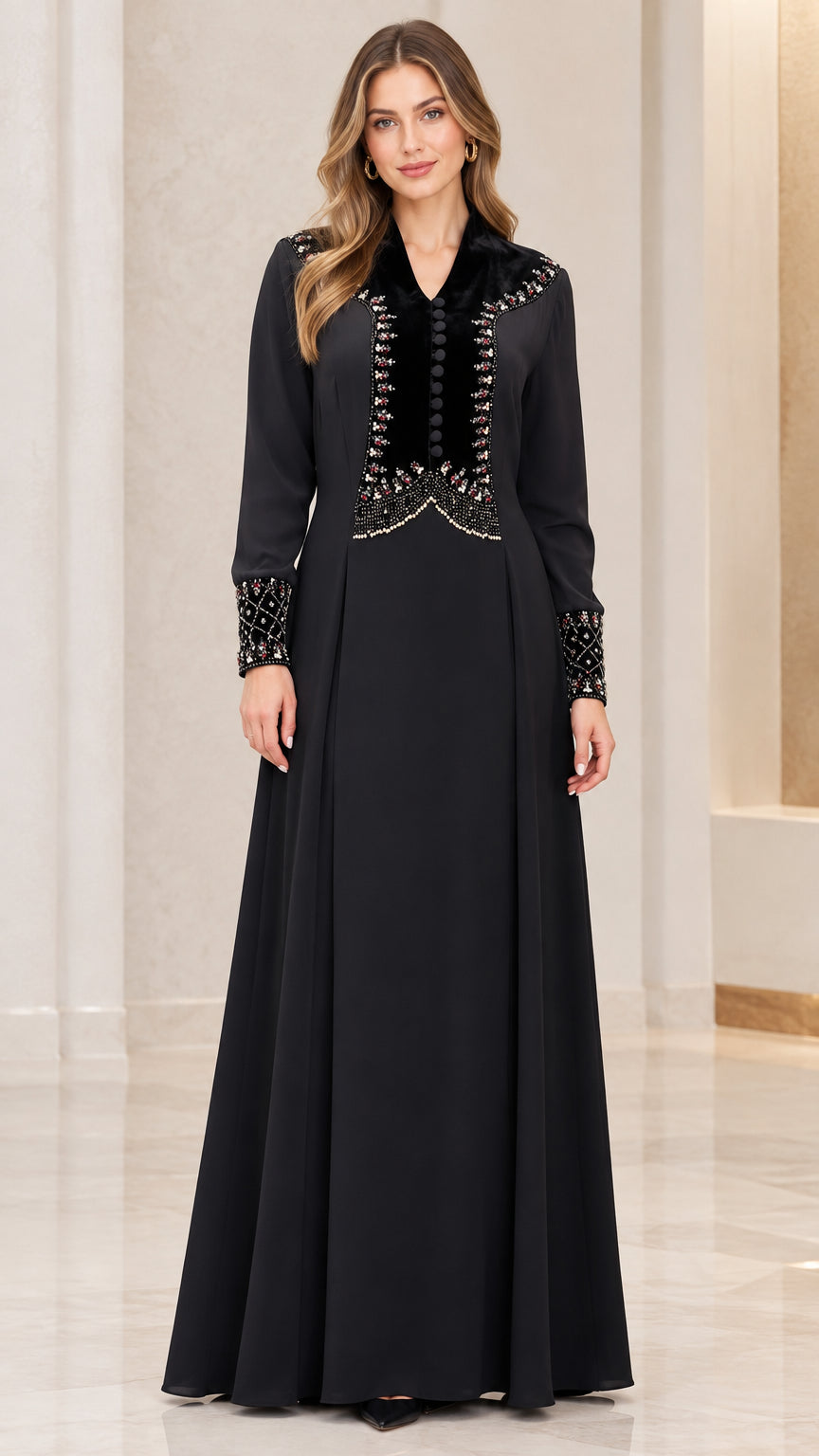 Front view of model wearing black long sleeve beaded velvet trim maxi dress