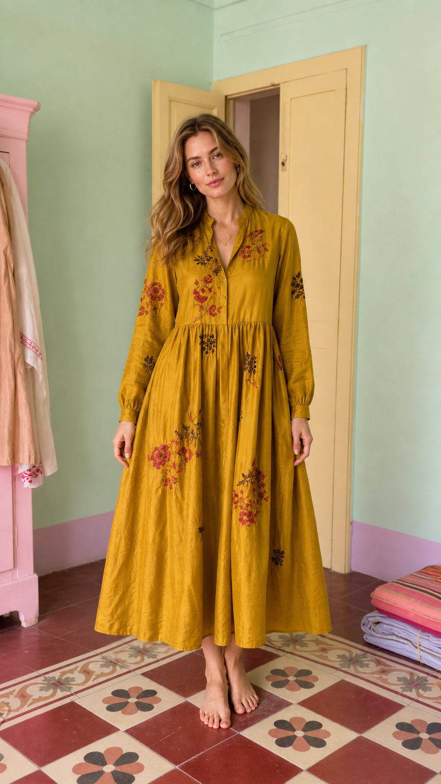 Front view of model wearing mustard embroidered long-sleeve midi dress