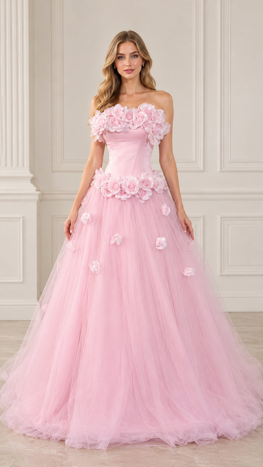 Front view of model wearing pink strapless 3D floral rosette tulle ball gown