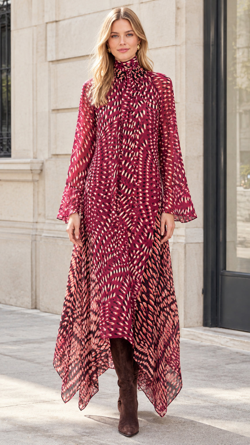 Model wearing Burgundy printed long sleeve maxi dress with tie neck and handkerchief hem