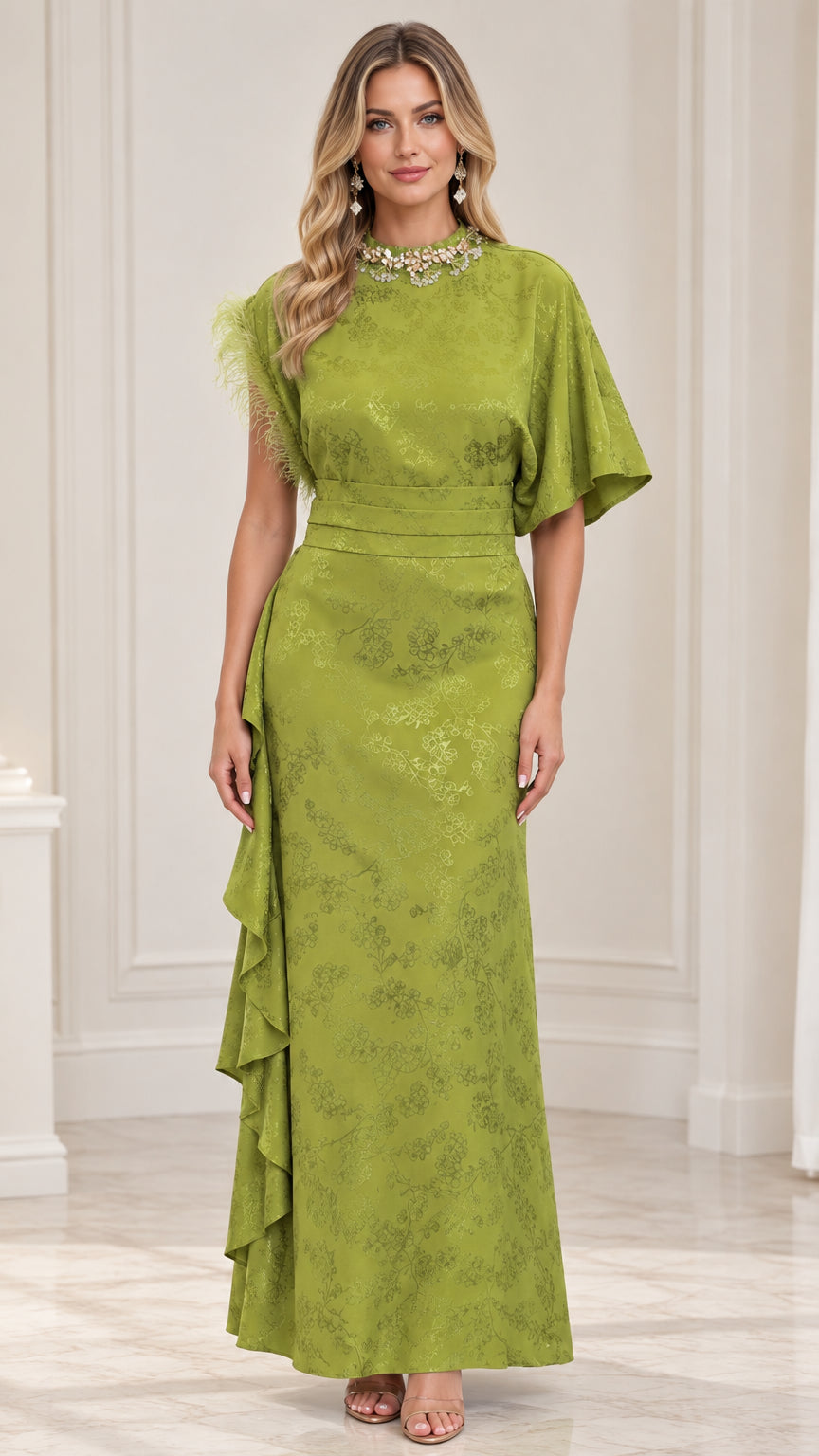 Front view of olive green floral jacquard maxi dress with embellished neckline and flutter sleeves