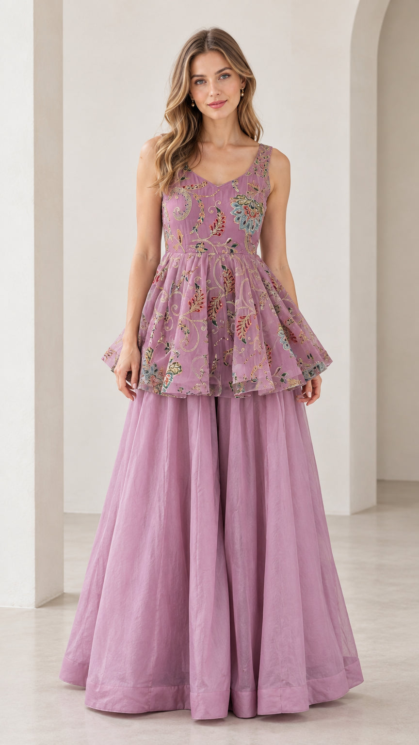 Front view of model wearing lilac embroidered peplum top and wide-leg palazzo pants set