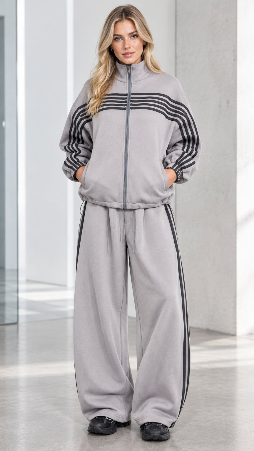 Front full view of woman wearing Heather Grey striped zip-up track jacket and wide-leg sweatpants set