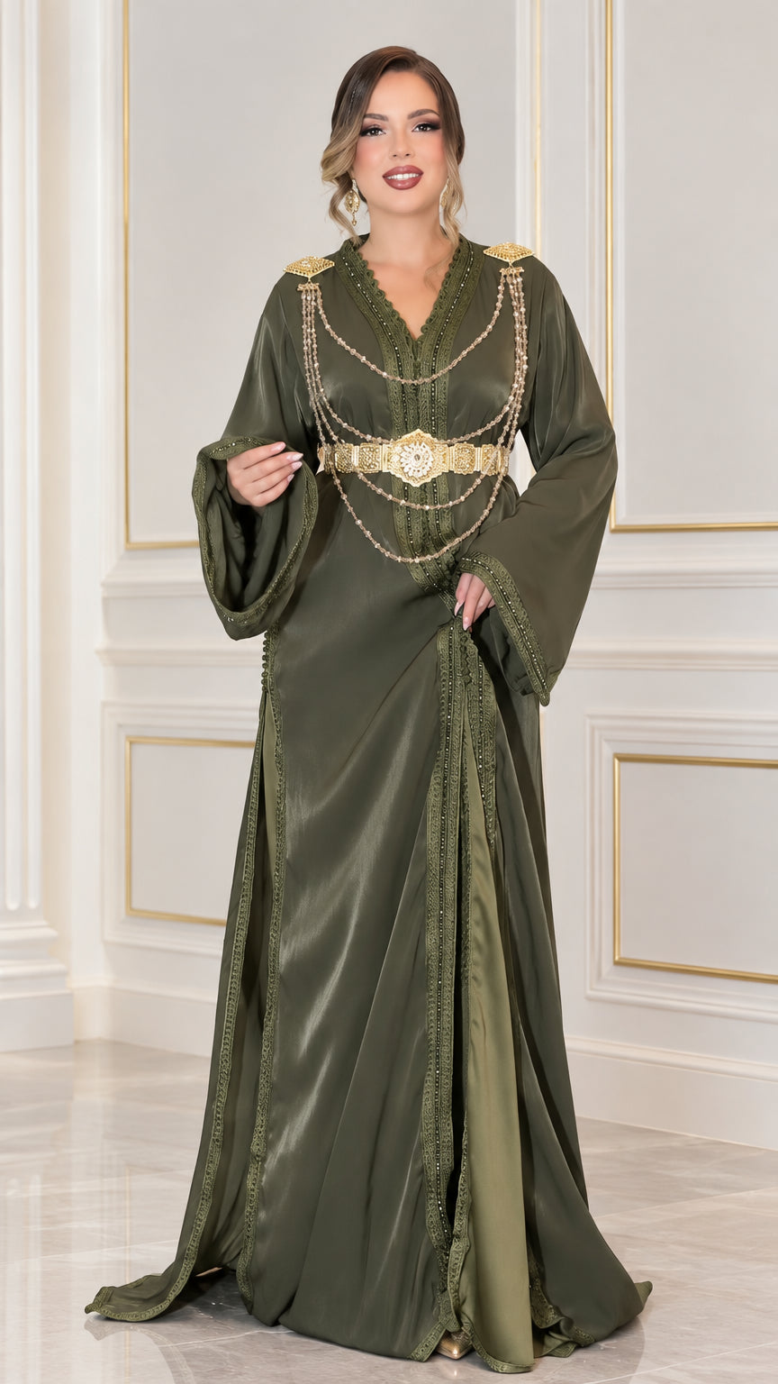 Full front view of Olive Green satin Moroccan kaftan dress with gold chain belt