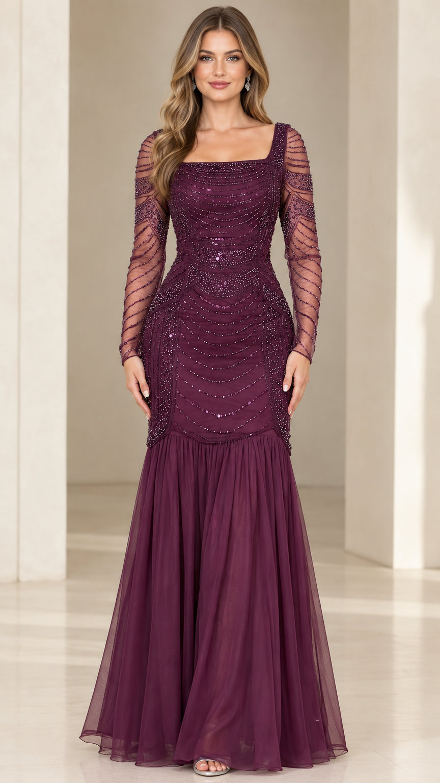 Front view of model wearing plum beaded square neck mermaid evening gown with sheer long sleeves