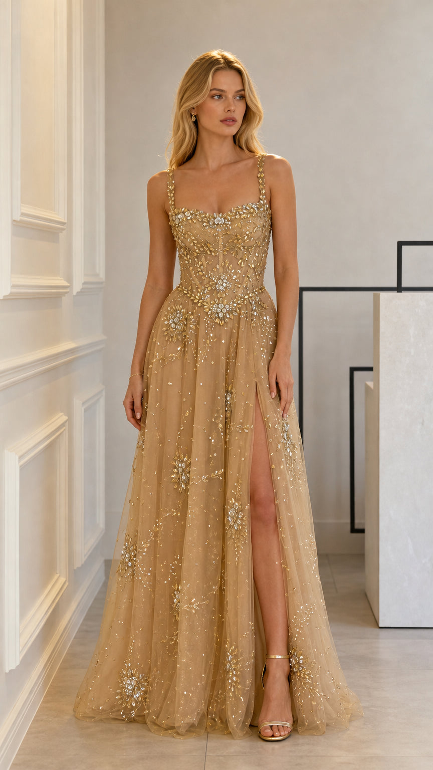 Front full-length view of model wearing gold crystal-embellished corset evening gown with high leg slit