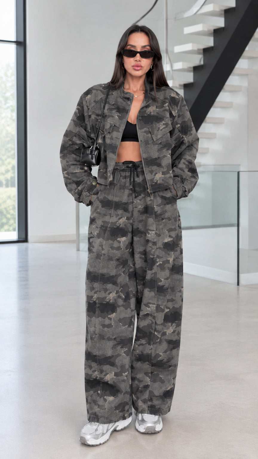Front view of model wearing Green Camo cropped jacket and wide-leg pants two-piece set