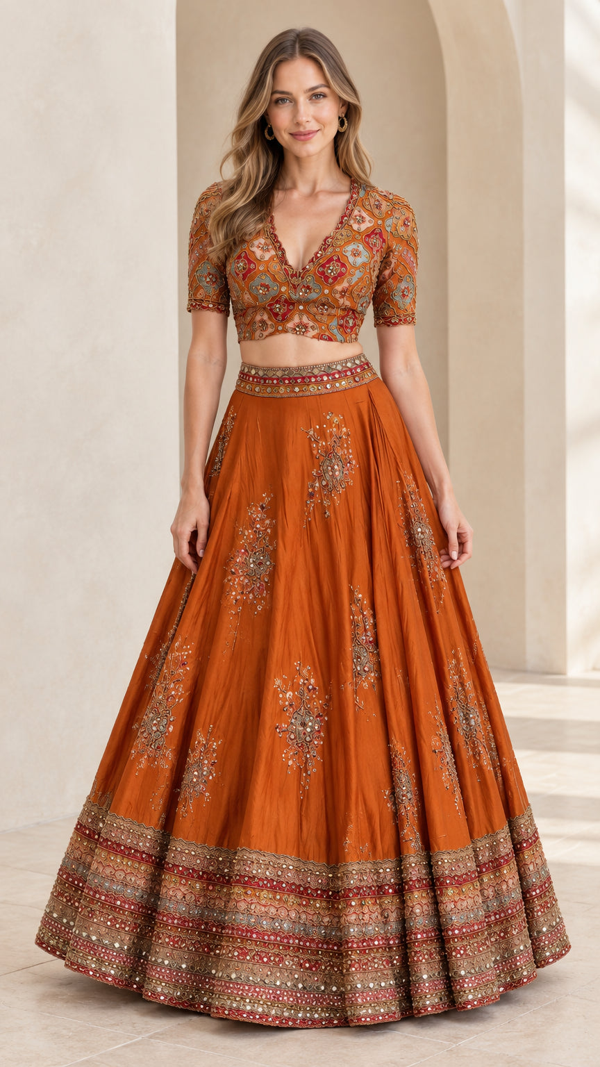 Front view of woman wearing Rust Orange embroidered V-neck crop top and flared maxi skirt set