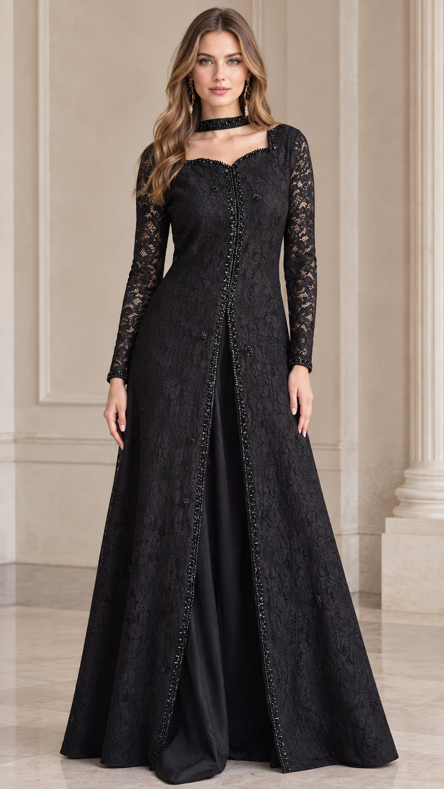 Front full view of black beaded lace overlay evening gown with sheer long sleeves