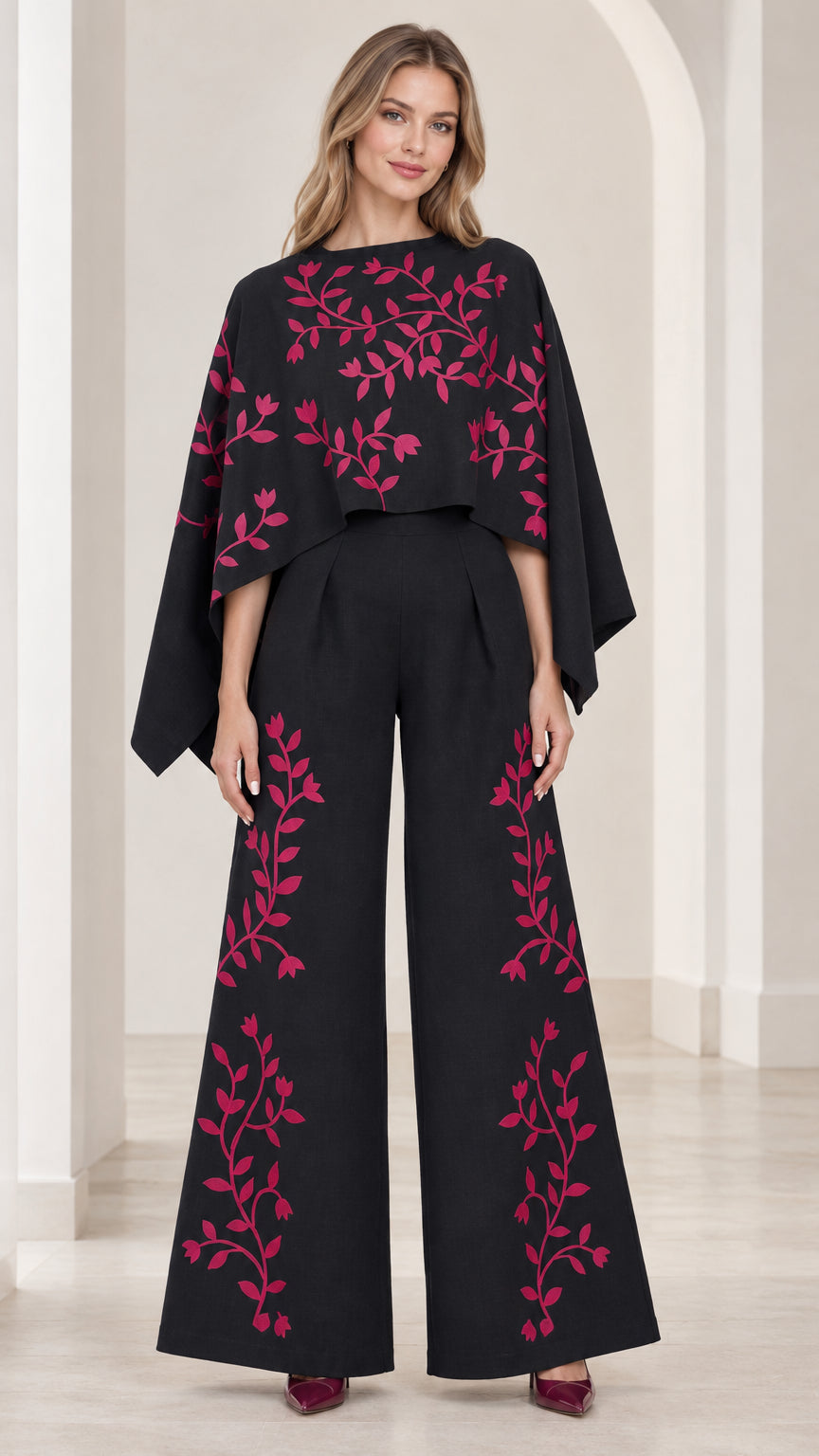 Front view of model wearing black embroidered cape sleeve wide leg jumpsuit