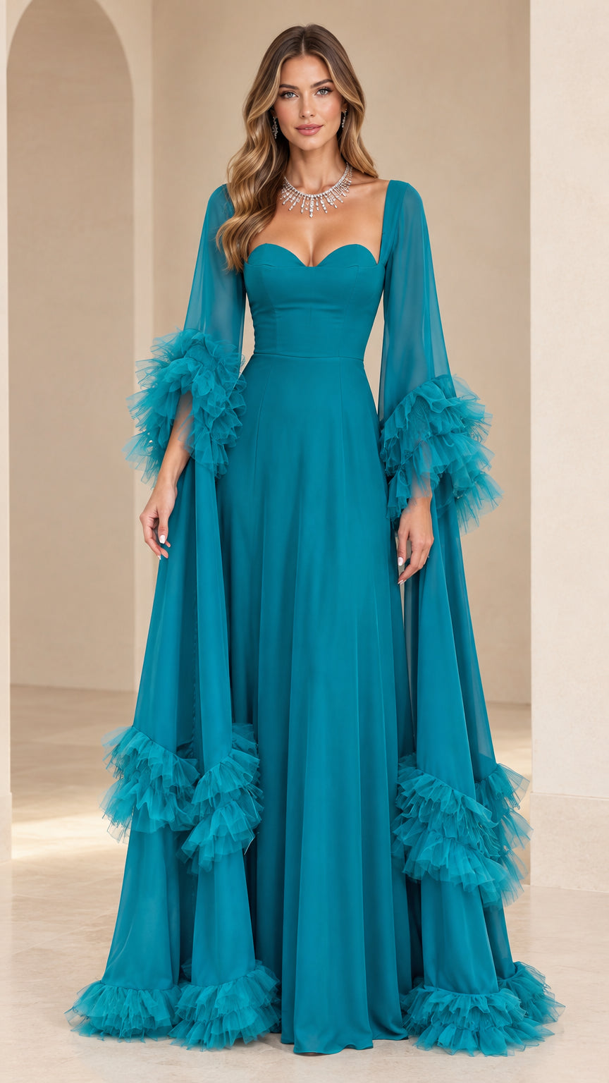 Teal sweetheart neckline evening gown with tiered tulle ruffle statement sleeves, front view