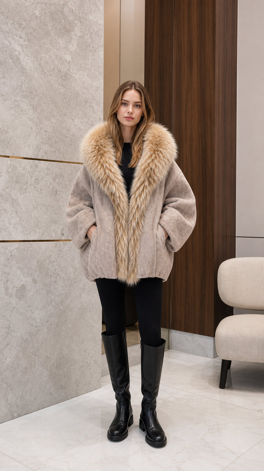 Front view of woman wearing beige oversized cocoon coat with plush faux fur collar and black tall boots