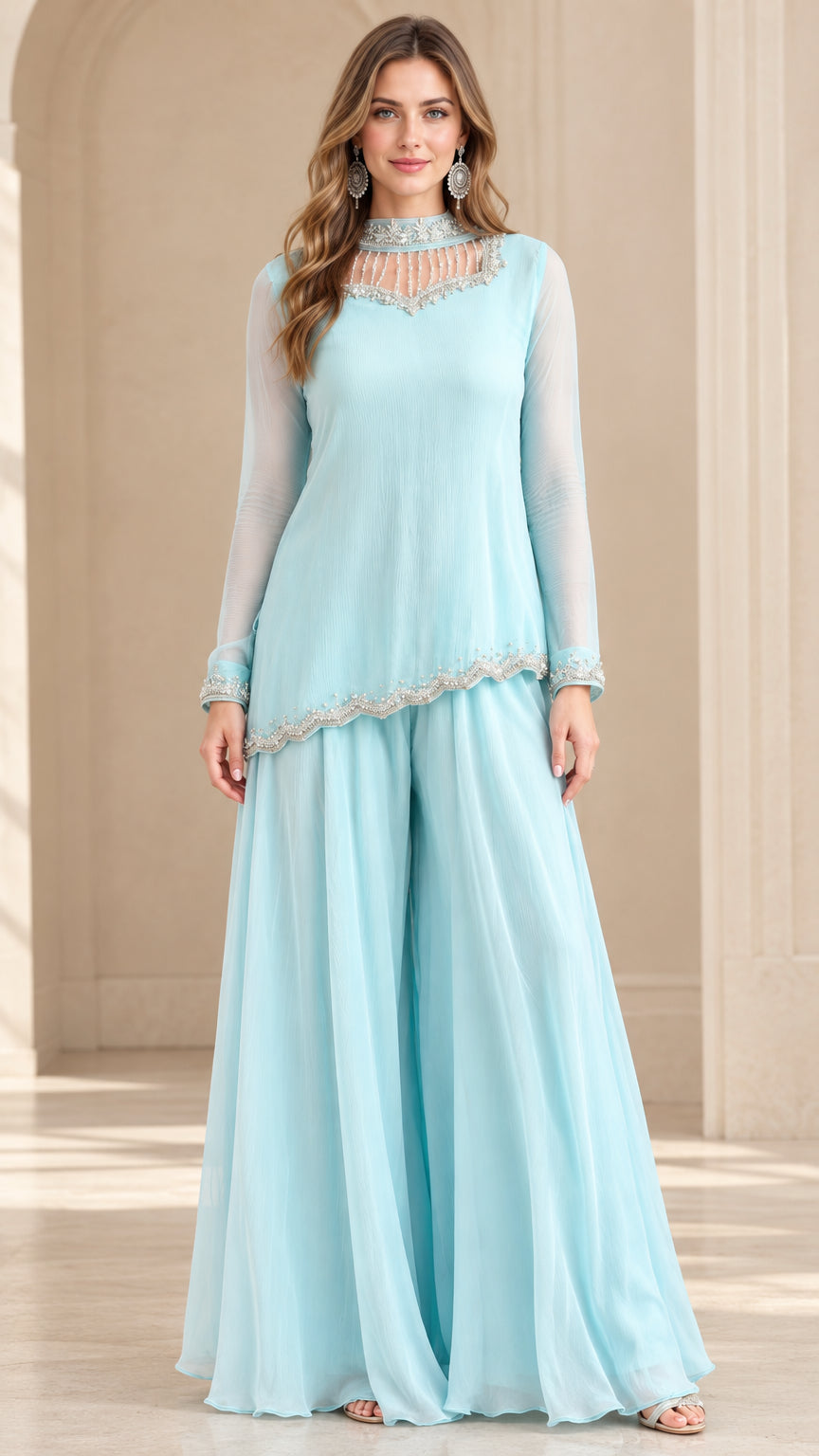 Sky Blue embellished illusion neck chiffon tunic and wide-leg pant set front view