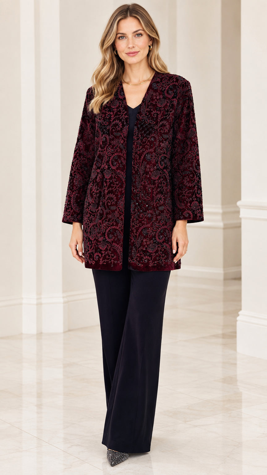 Front view of woman wearing burgundy paisley burnout velvet open front jacket