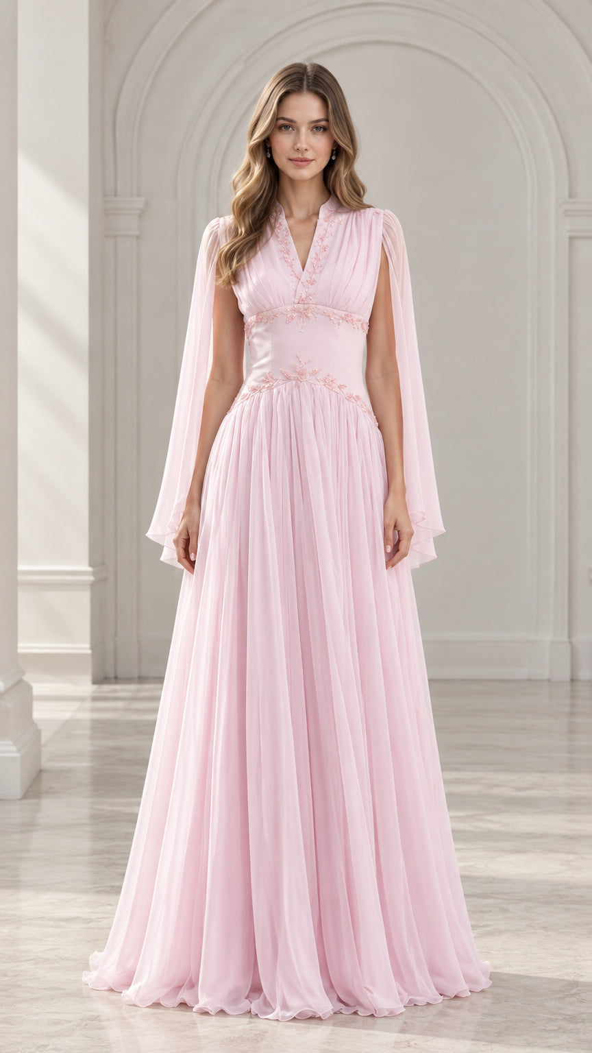 Front view of Light Pink cape sleeve embroidered chiffon evening gown