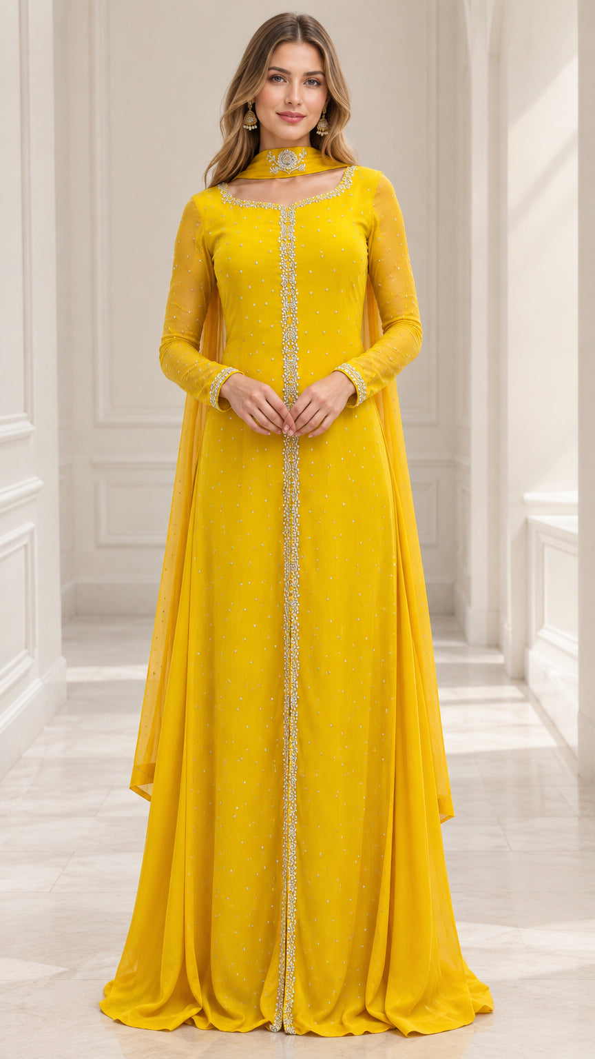 Front view of model wearing full-length yellow embellished evening gown with matching neckband