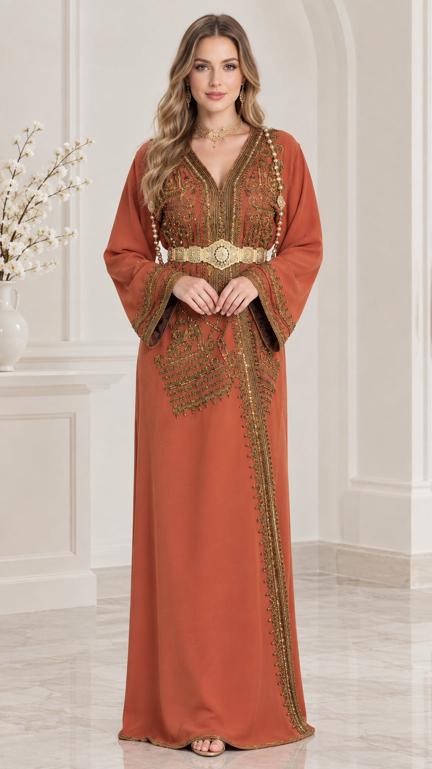 Front view of woman wearing a Rust embroidered Moroccan kaftan maxi dress with gold belt