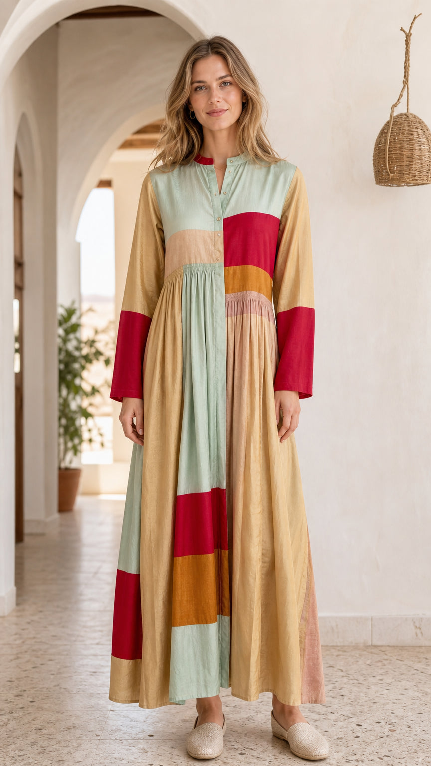 Front view of model wearing a multi-color colorblock maxi dress