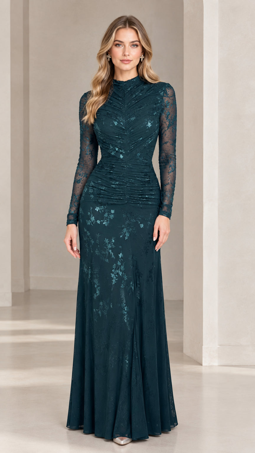 Front full view of dark teal long sleeve mock neck ruched lace evening gown