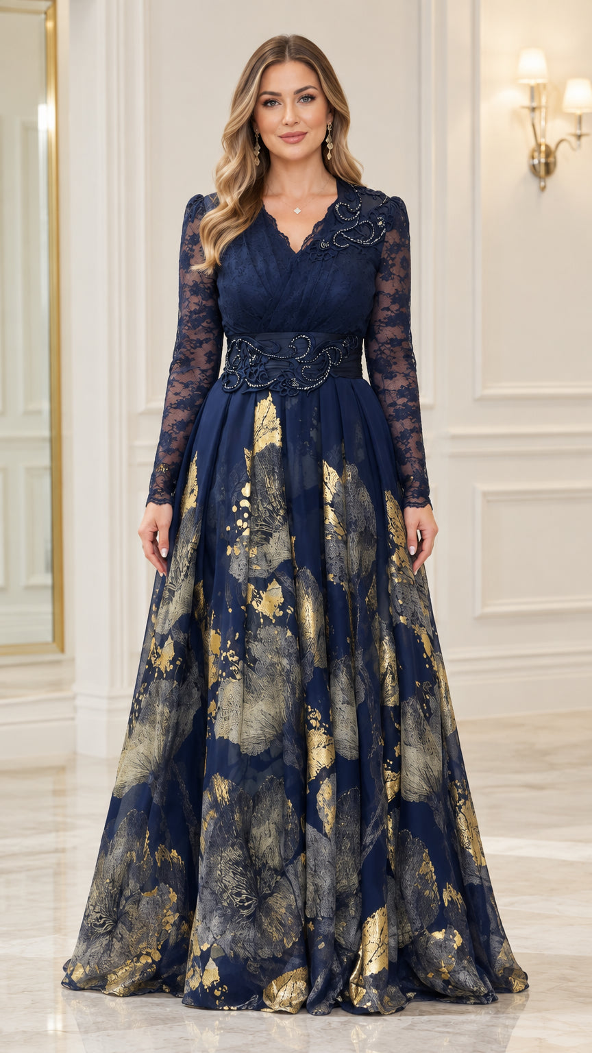 Front full-length view of navy blue metallic floral lace evening gown